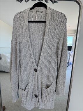 Free People Light Gray Open-Knit Button Cardigan